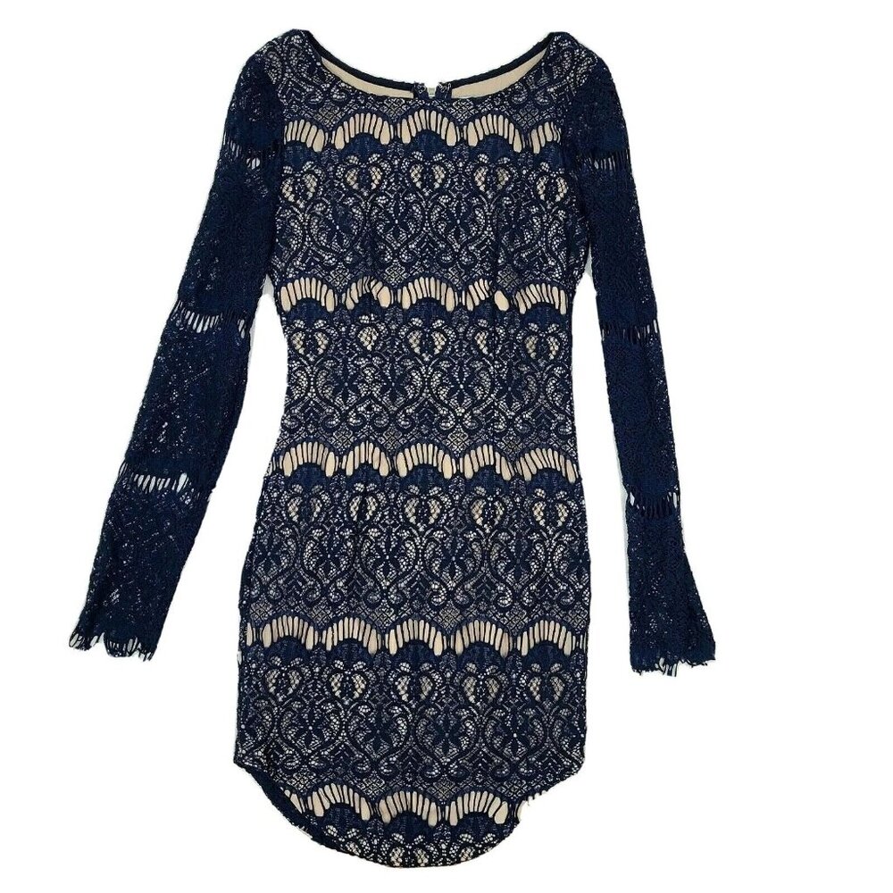 Xenia Boutique Dress Womens Size 2 Blue Lace Overlay Long Sleeve Top